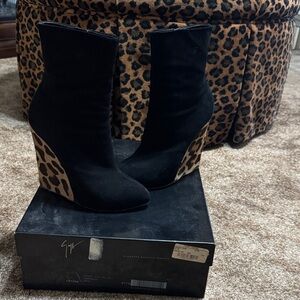 Giuseppe Zanotti Black and Leopard Wedge Boots